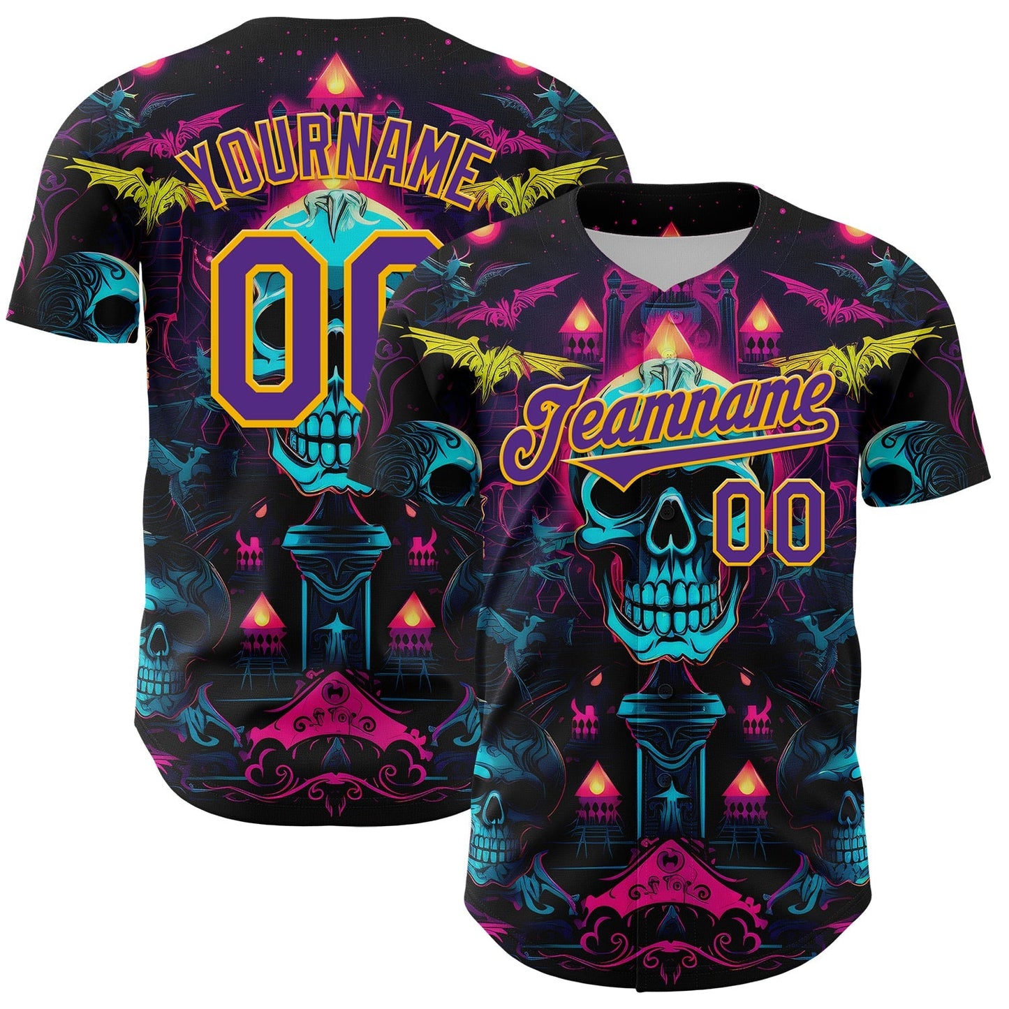 Custom Black Purple-Gold 3D Pattern Design Rave Skull Authentic Baseball Jersey baseball jersey product view 1