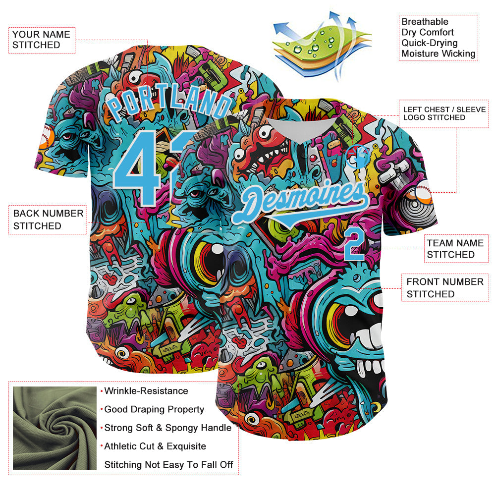 Custom White Sky Blue 3D Pattern Design Rave Psychedelic Authentic Baseball Jersey baseball jersey product view 3