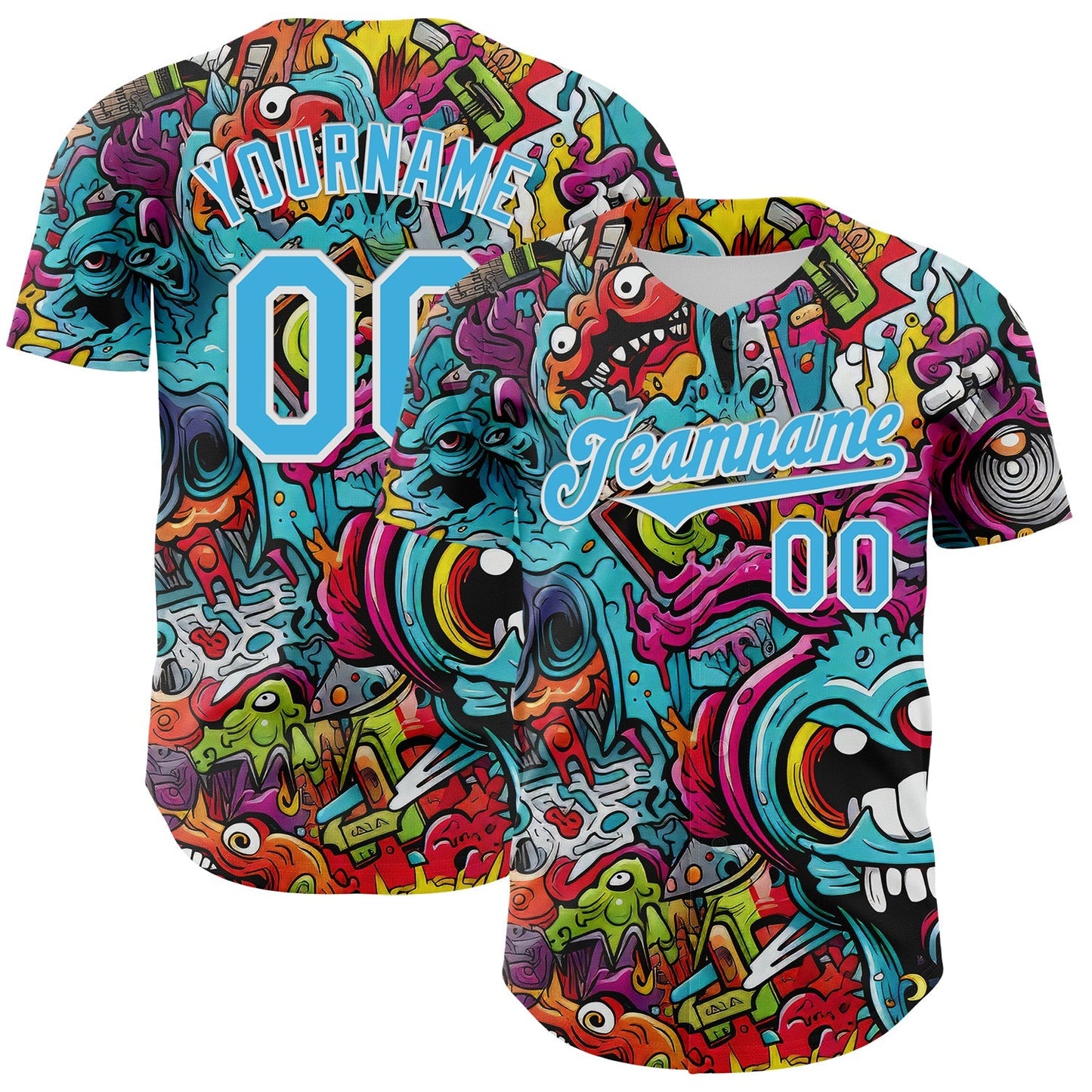 Custom White Sky Blue 3D Pattern Design Rave Psychedelic Authentic Baseball Jersey baseball jersey product view 1