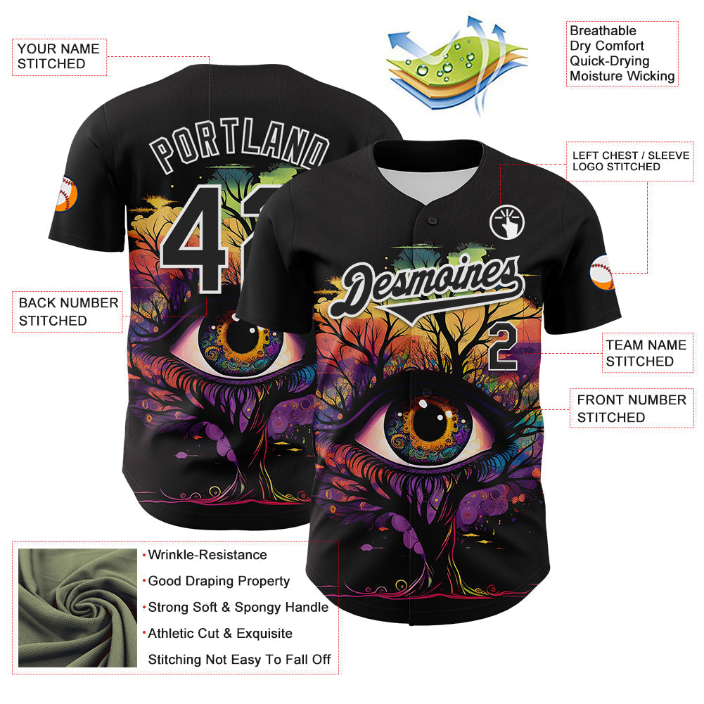 Custom Black White 3D Pattern Design Rave Tree With Eye Authentic Baseball Jersey baseball jersey product view 3