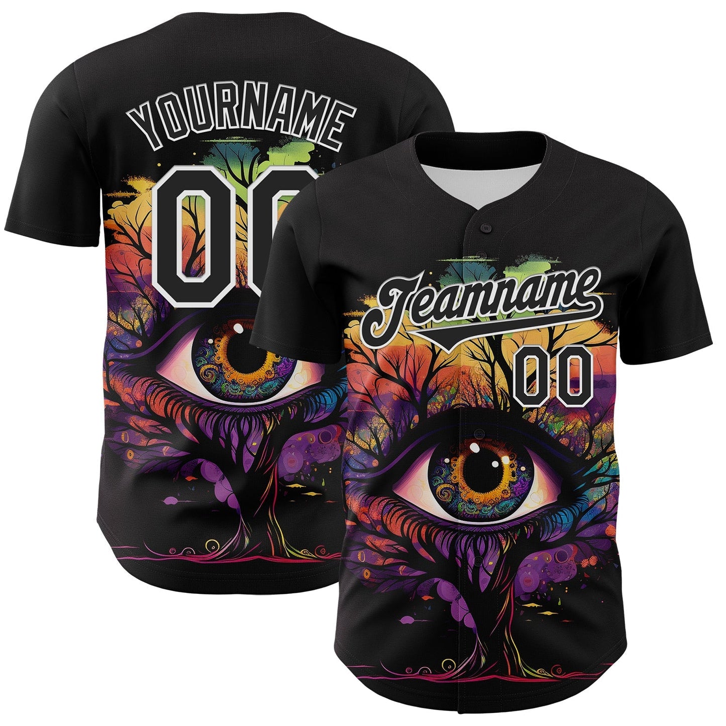 Custom Black White 3D Pattern Design Rave Tree With Eye Authentic Baseball Jersey baseball jersey product view 1
