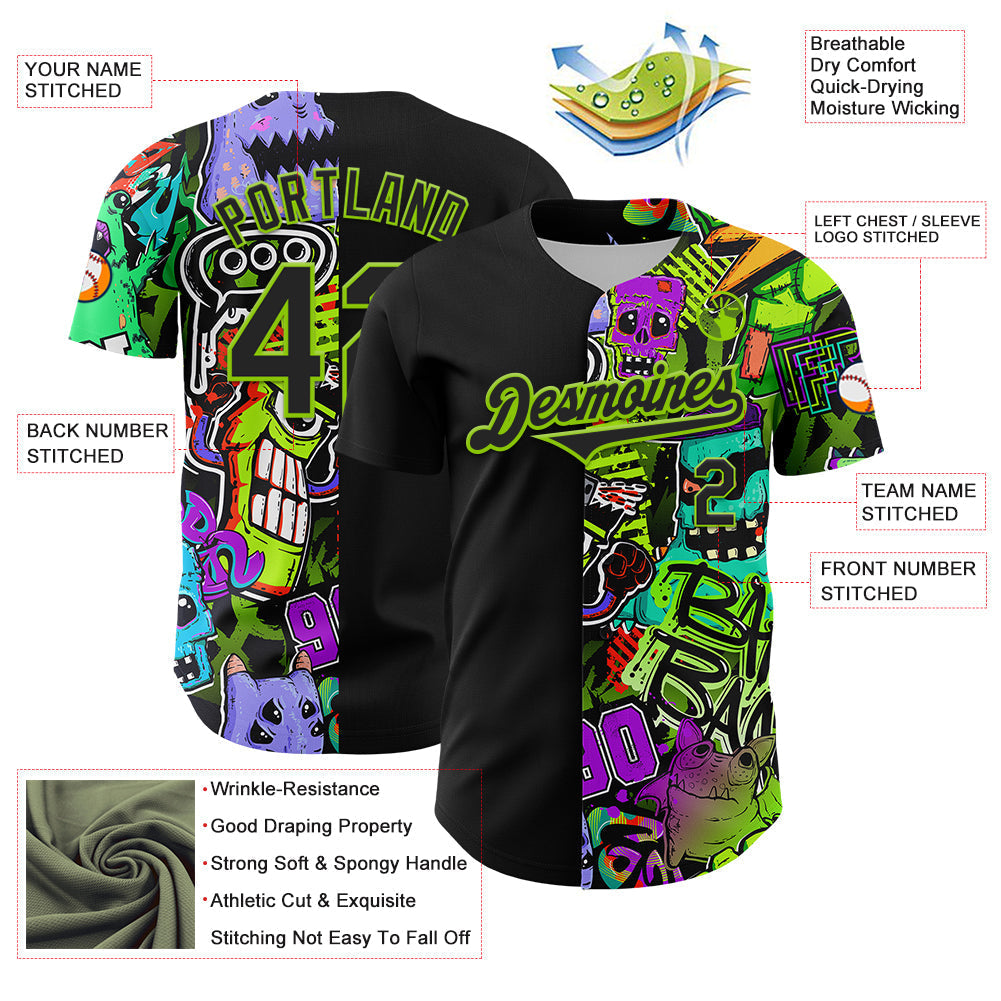 Custom Black Neon Green 3D Pattern Design Rave Monster Authentic Baseball Jersey baseball jersey product view 3