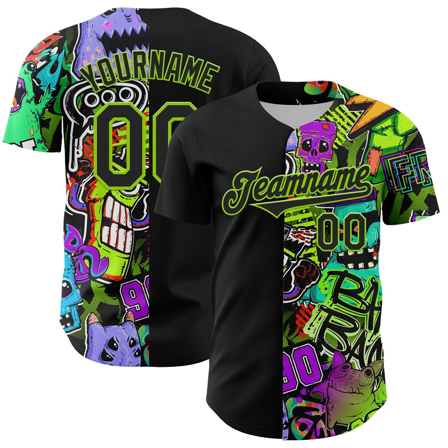 Custom Black Neon Green 3D Pattern Design Rave Monster Authentic Baseball Jersey baseball jersey product view 1