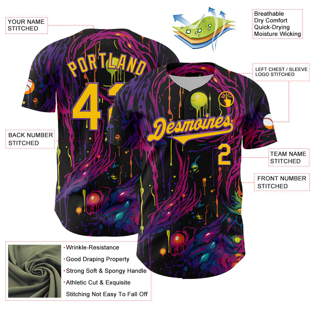 Custom Black Yellow-Purple 3D Pattern Design Rave Tree With Eye Authentic Baseball Jersey baseball jersey product view 3