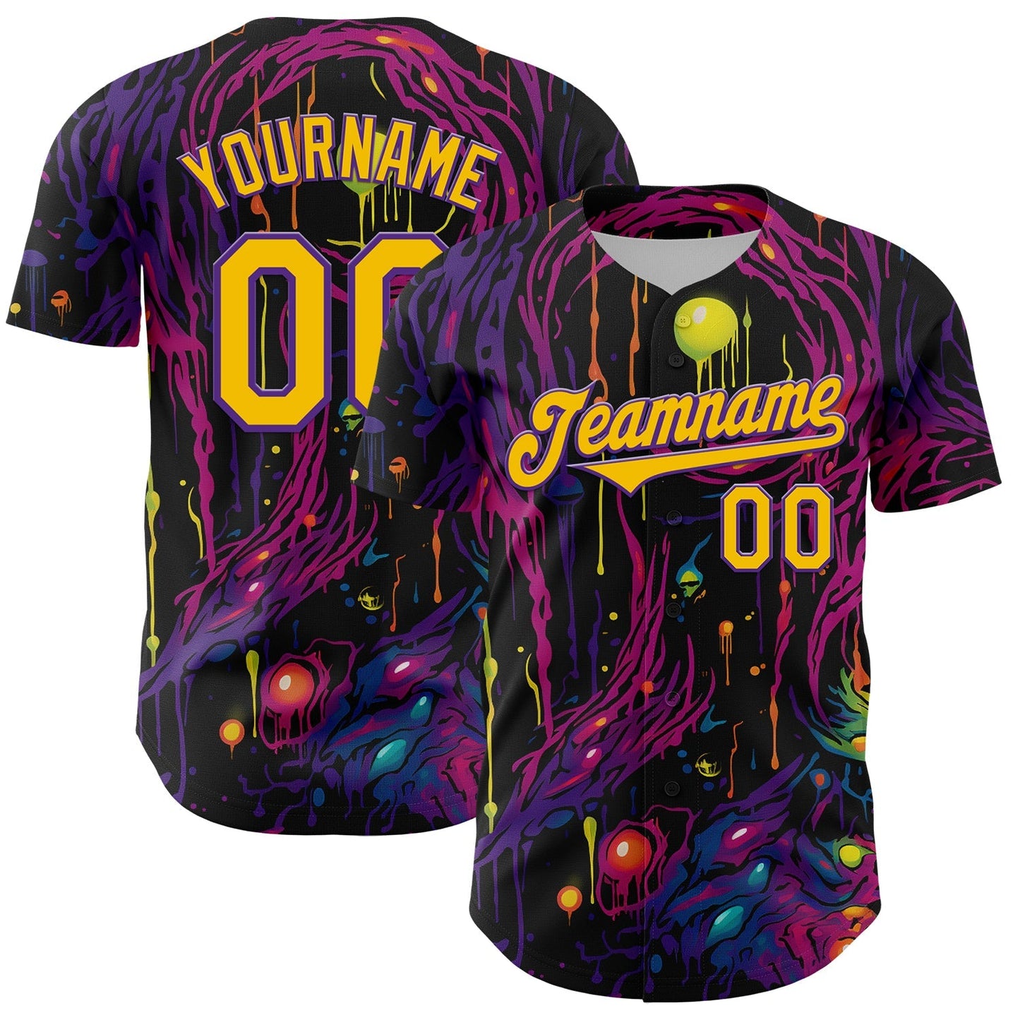 Custom Black Yellow-Purple 3D Pattern Design Rave Tree With Eye Authentic Baseball Jersey baseball jersey product view 1