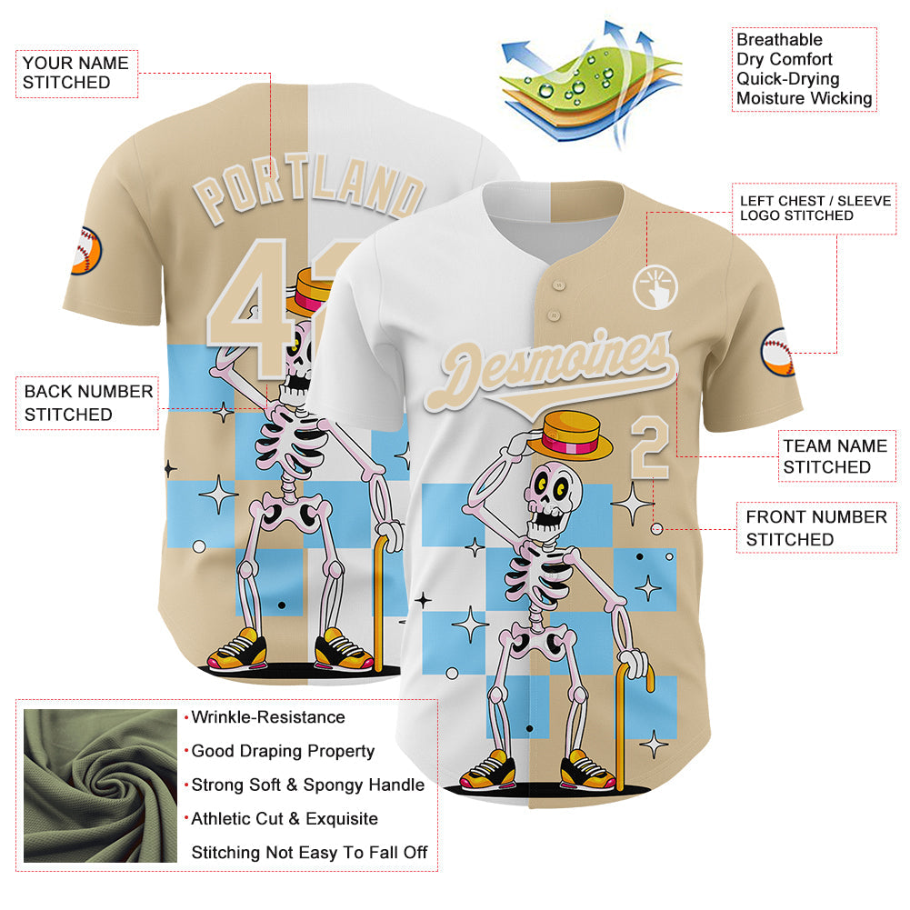 Custom City Cream White 3D Pattern Design Rave Skeleton Authentic Baseball Jersey baseball jersey product view 3