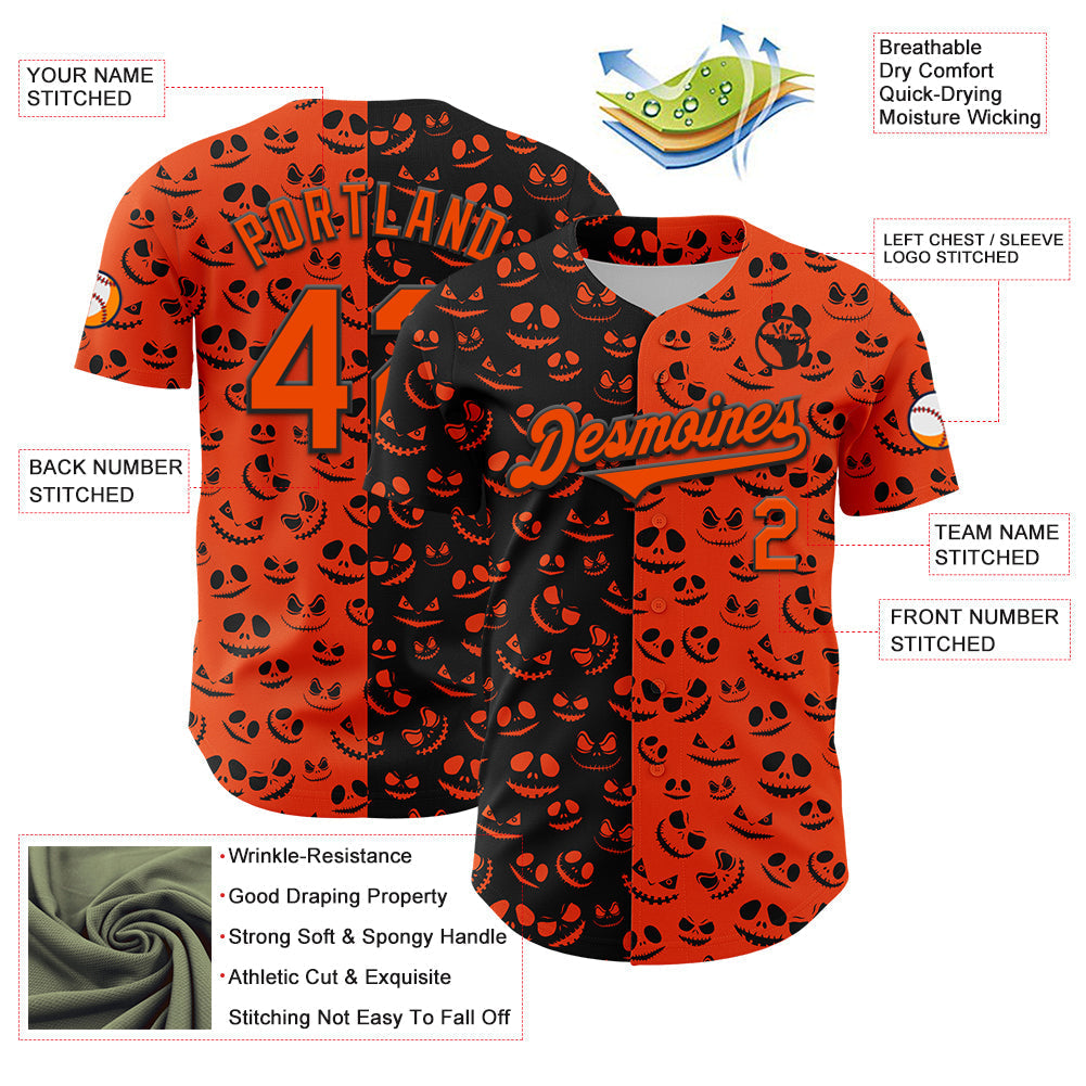 Custom Orange Black 3D Pattern Design Rave Halloween Pumpkin Authentic Baseball Jersey baseball jersey product view 3