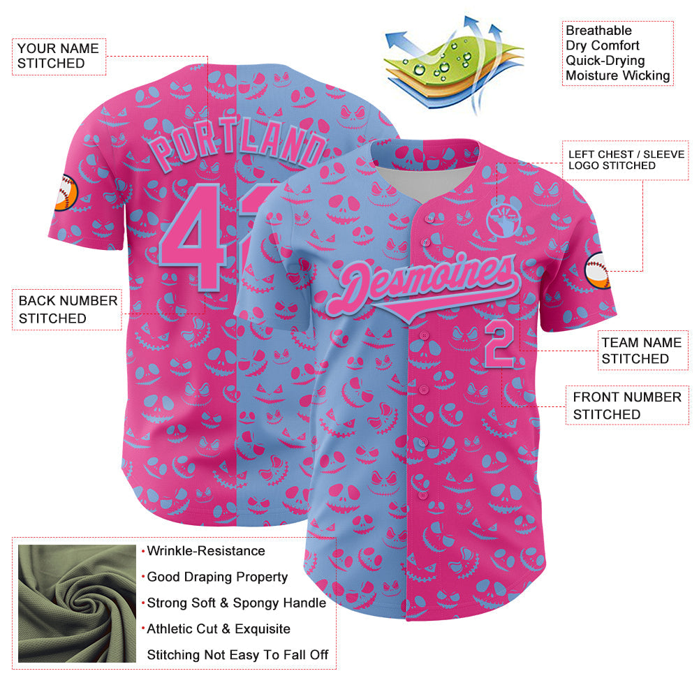 Custom Pink Light Blue 3D Pattern Design Rave Halloween Pumpkin Authentic Baseball Jersey baseball jersey product view 3