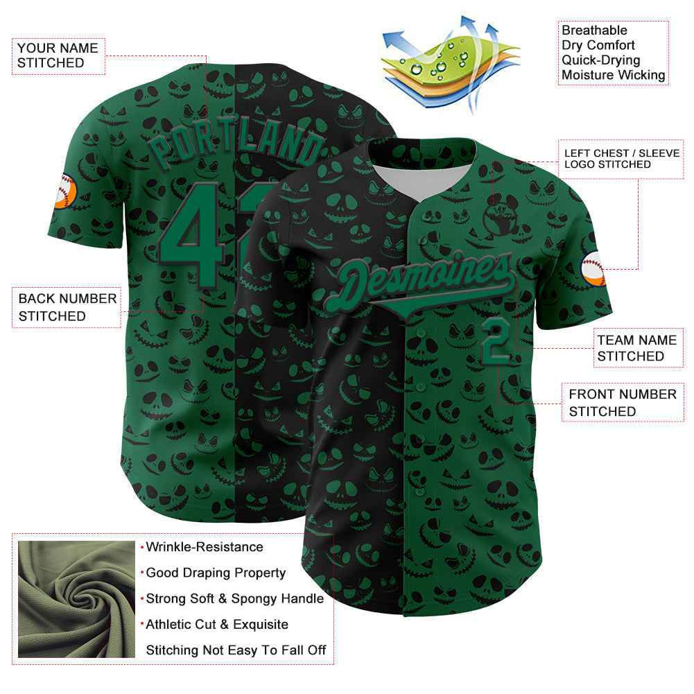 Custom Kelly Green Black 3D Pattern Design Rave Halloween Pumpkin Authentic Baseball Jersey baseball jersey product view 3