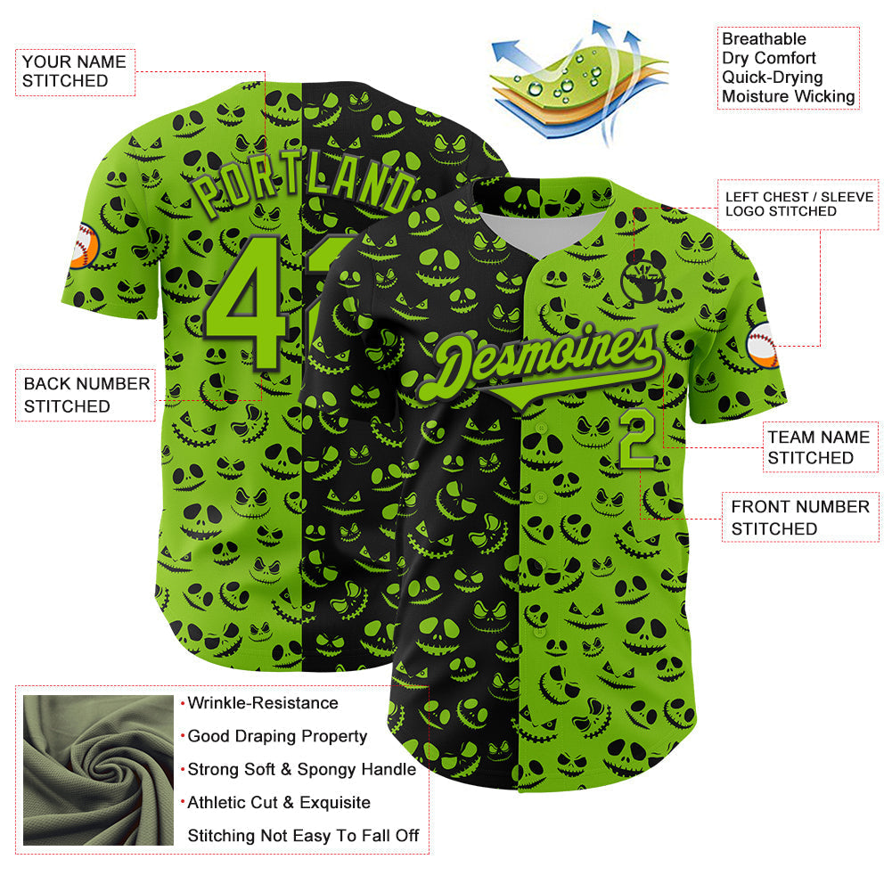 Custom Neon Green Black 3D Pattern Design Rave Halloween Pumpkin Authentic Baseball Jersey baseball jersey product view 3