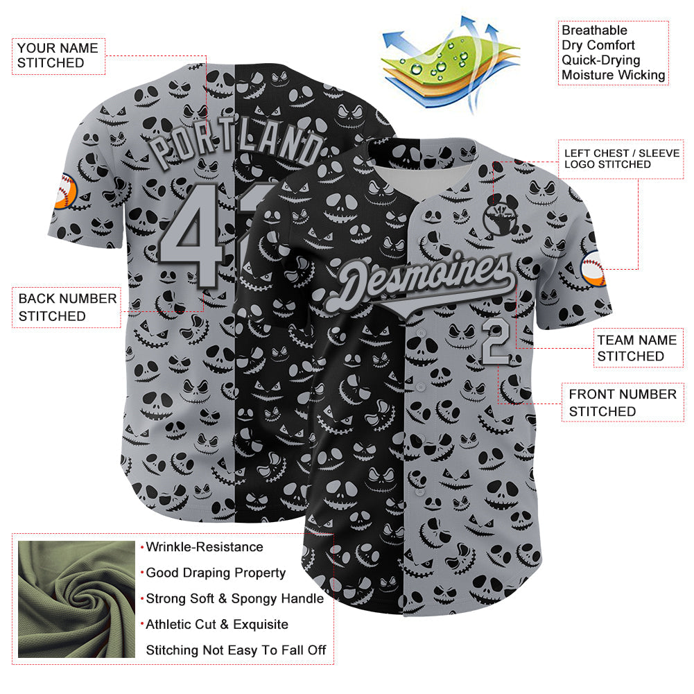 Custom Gray Black 3D Pattern Design Rave Halloween Pumpkin Authentic Baseball Jersey baseball jersey product view 3