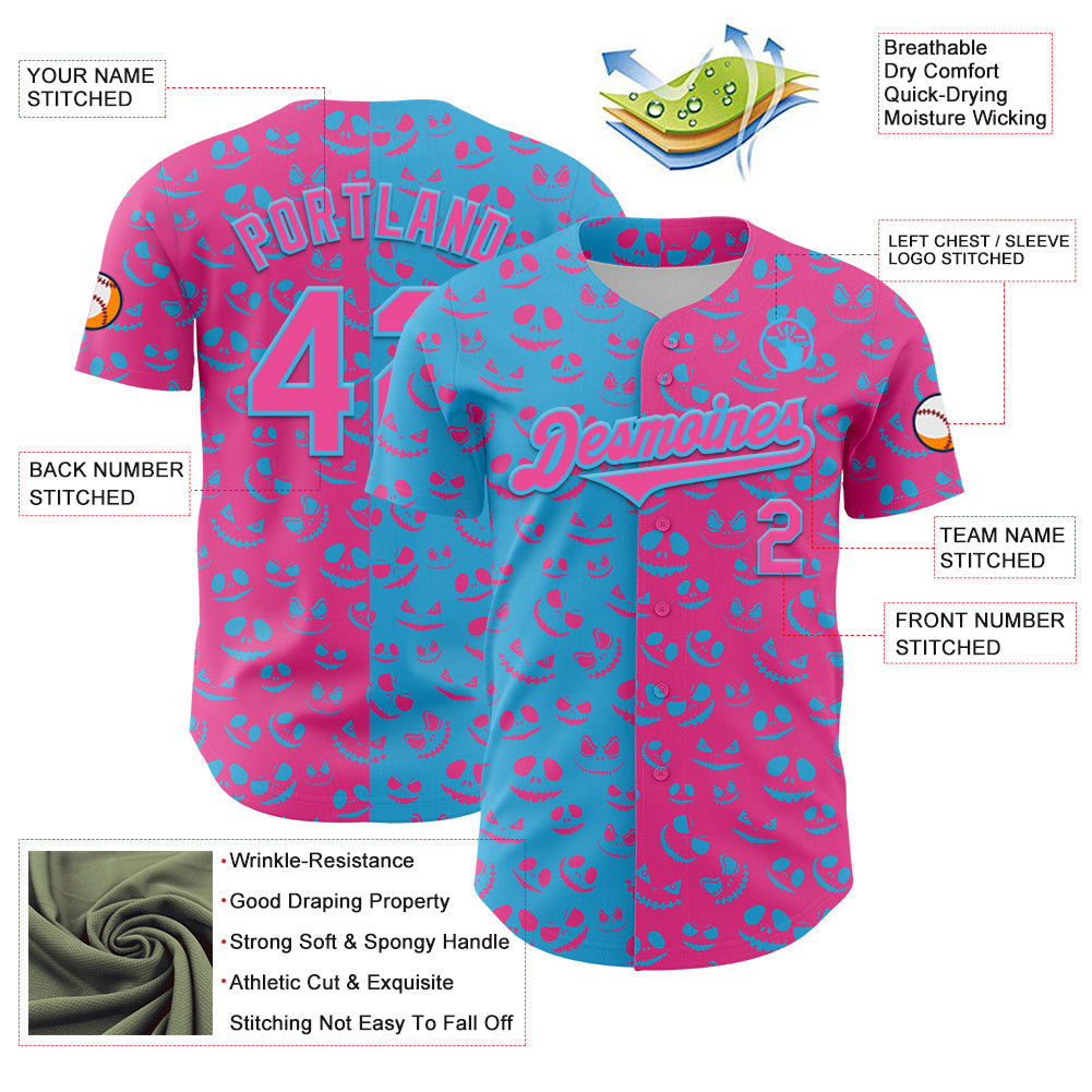 Custom Pink Sky Blue 3D Pattern Design Rave Halloween Pumpkin Authentic Baseball Jersey baseball jersey product view 3