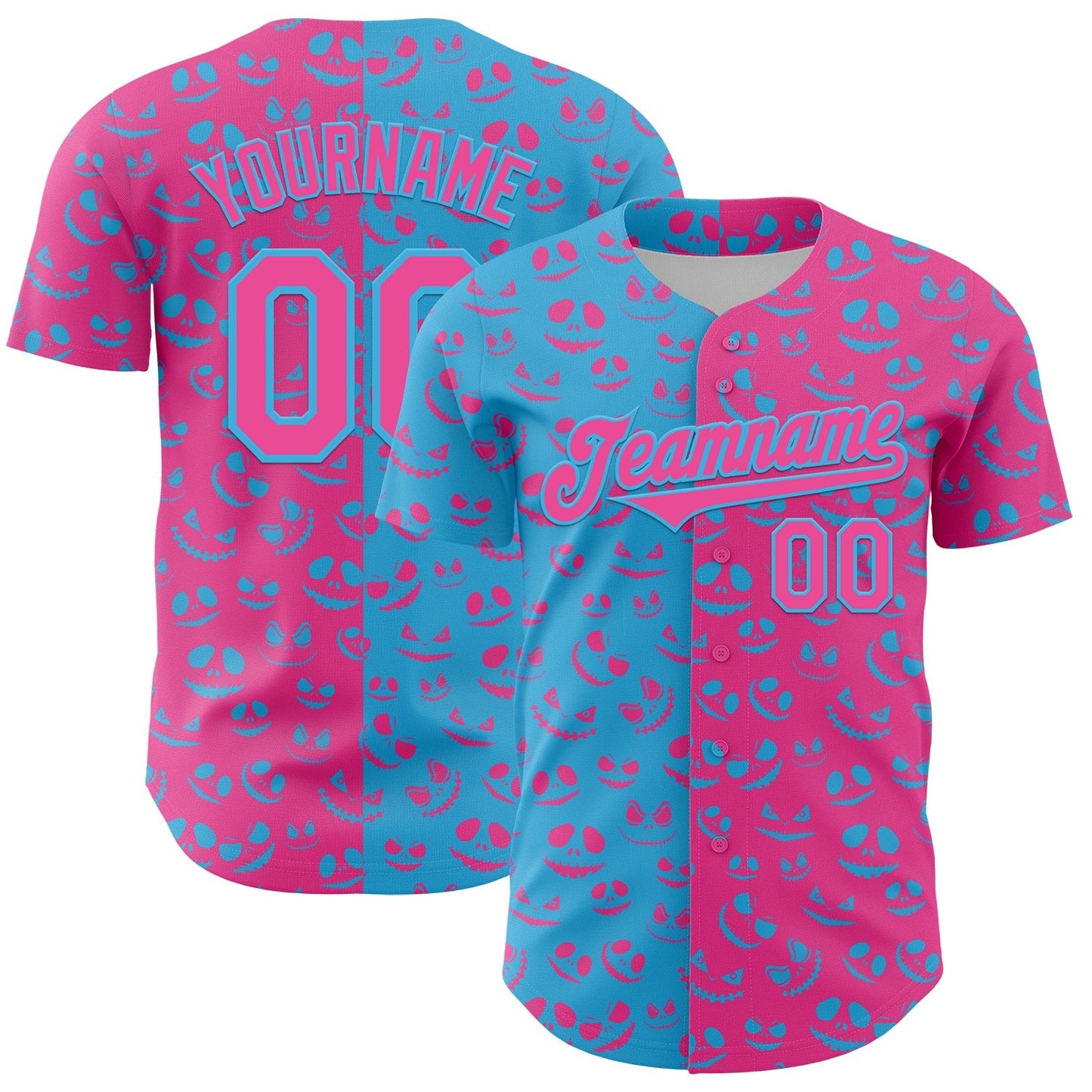 Custom Pink Sky Blue 3D Pattern Design Rave Halloween Pumpkin Authentic Baseball Jersey baseball jersey product view 1