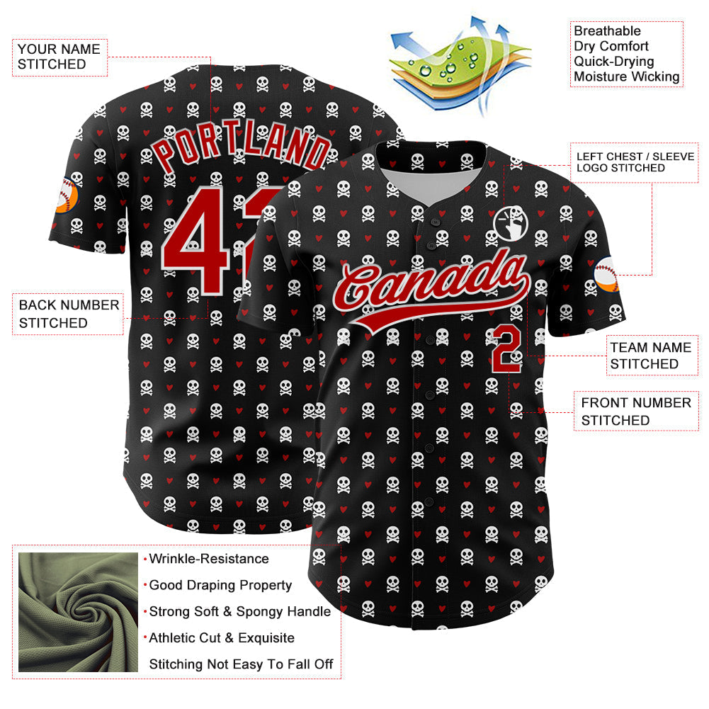 Custom Black Red-White 3D Gothic Style Skull Authentic Baseball Jersey baseball jersey product view 3