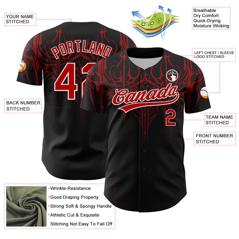 Custom Black Red-White 3D Pattern Design Gothic Style Authentic Baseball Jersey baseball jersey product view 3
