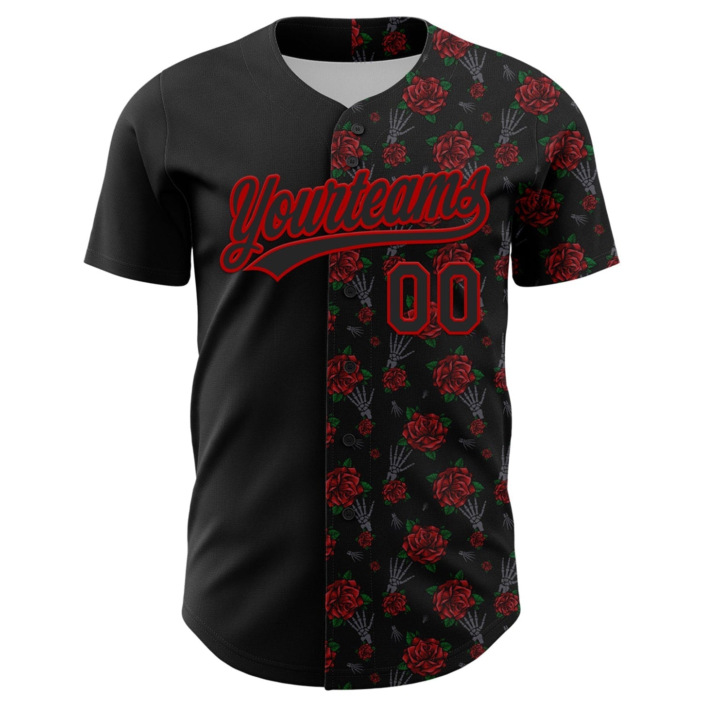 Custom Black Red 3D Pattern Design Gothic Style Rose Authentic Baseball Jersey baseball jersey product view 2