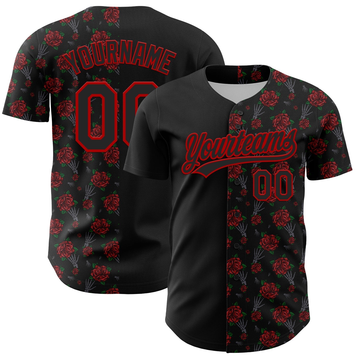 Custom Black Red 3D Pattern Design Gothic Style Rose Authentic Baseball Jersey baseball jersey product view 1
