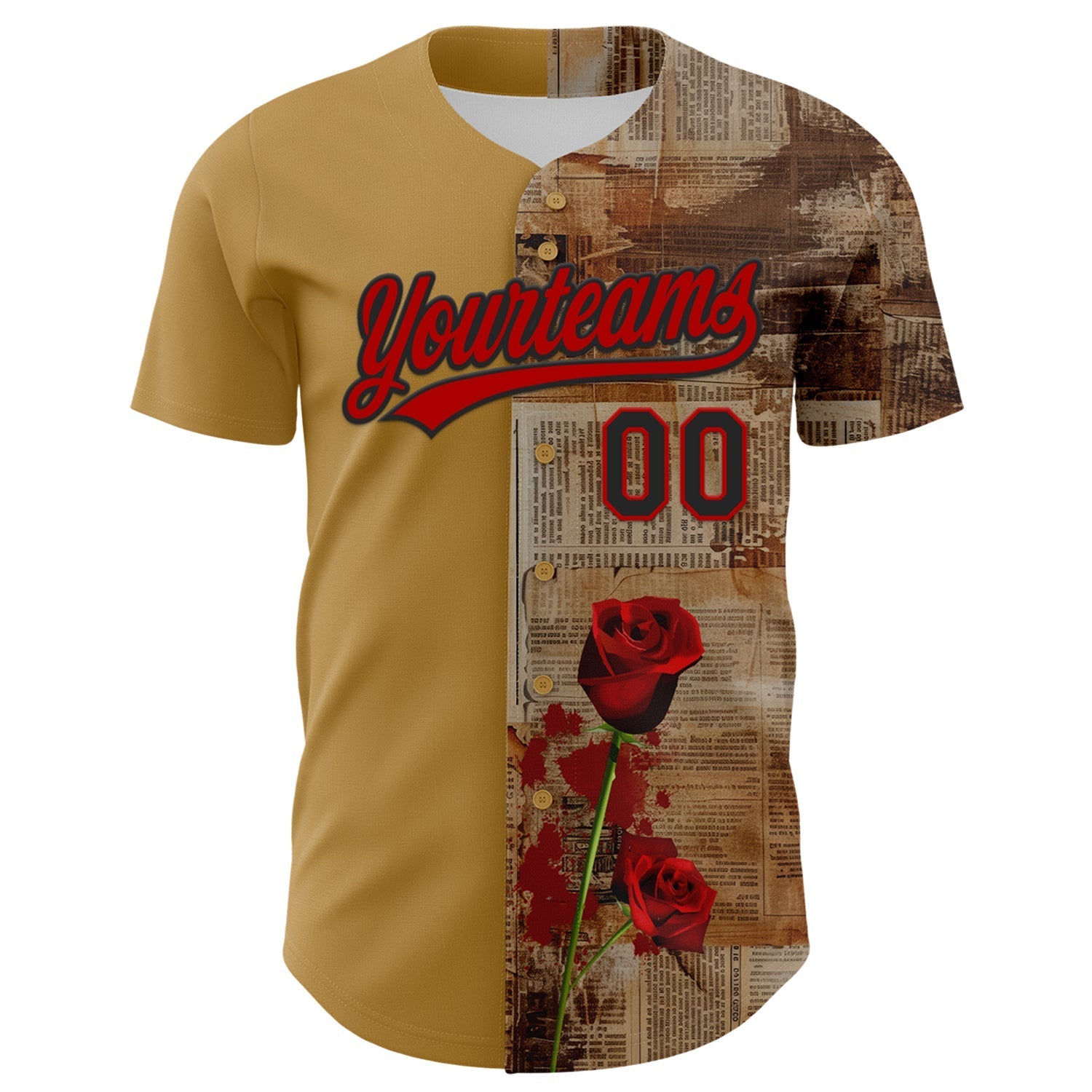 Custom Old Gold Red-Black 3D Pattern Design Gothic Style Rose Authentic Baseball Jersey baseball jersey product view 2