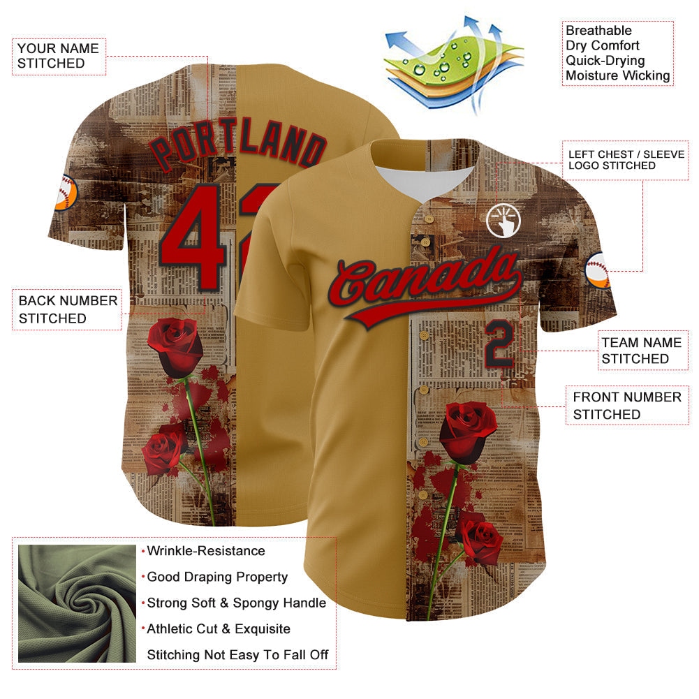 Custom Old Gold Red-Black 3D Pattern Design Gothic Style Rose Authentic Baseball Jersey baseball jersey product view 3