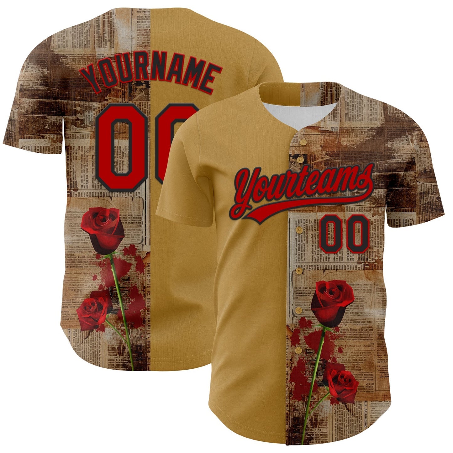 Custom Old Gold Red-Black 3D Pattern Design Gothic Style Rose Authentic Baseball Jersey baseball jersey product view 1