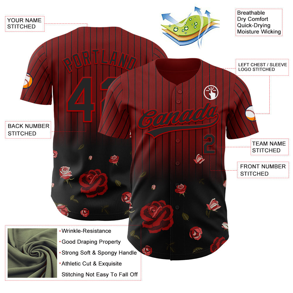 Custom Crimson Black-Red 3D Pattern Design Gothic Style Rose Authentic Baseball Jersey baseball jersey product view 3