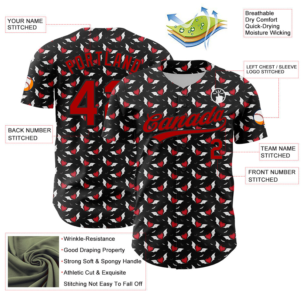 Custom Black Red 3D Pattern Design Gothic Style Devil Heart Authentic Baseball Jersey baseball jersey product view 3