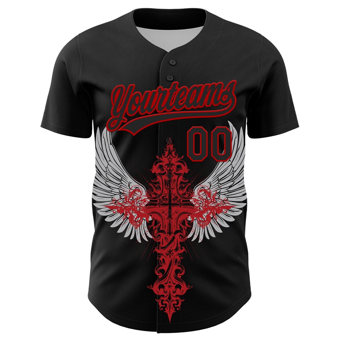 Custom Black Red 3D Pattern Design Gothic Style Cross With Wings Authentic Baseball Jersey baseball jersey product view 2