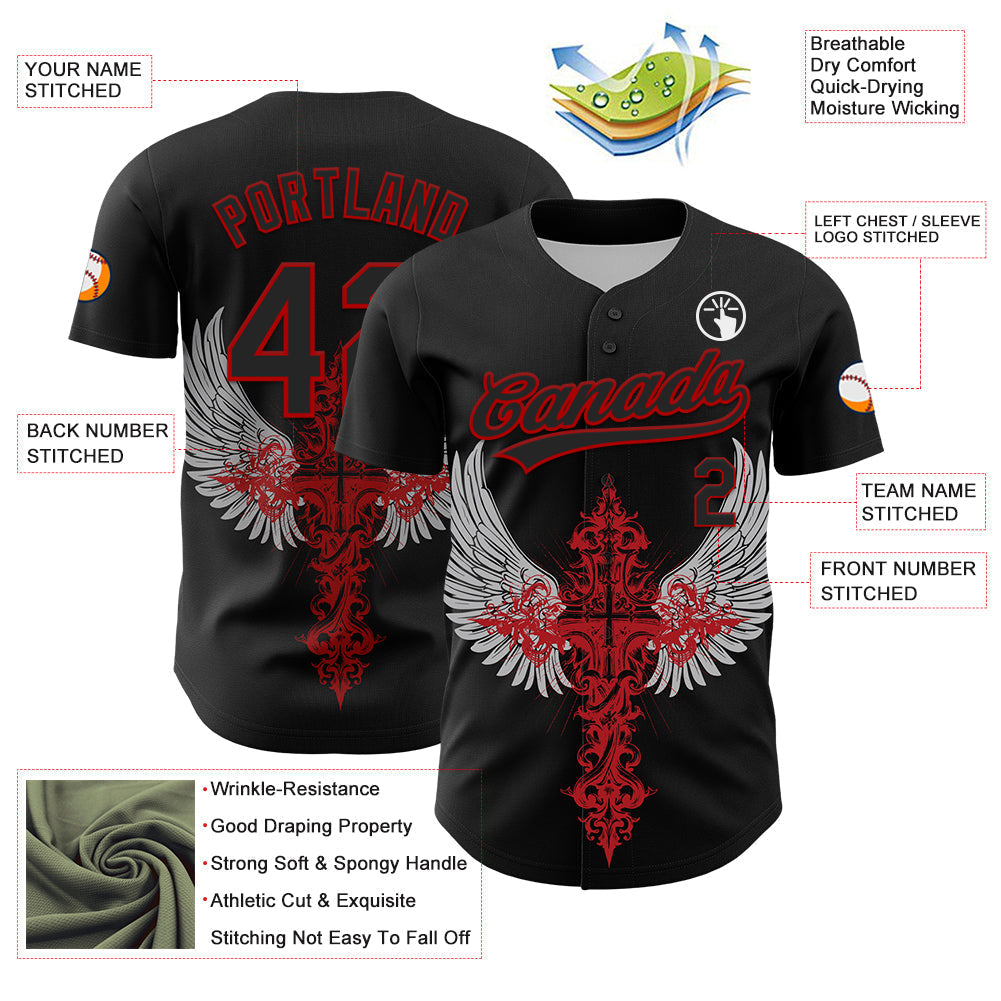 Custom Black Red 3D Pattern Design Gothic Style Cross With Wings Authentic Baseball Jersey baseball jersey product view 3