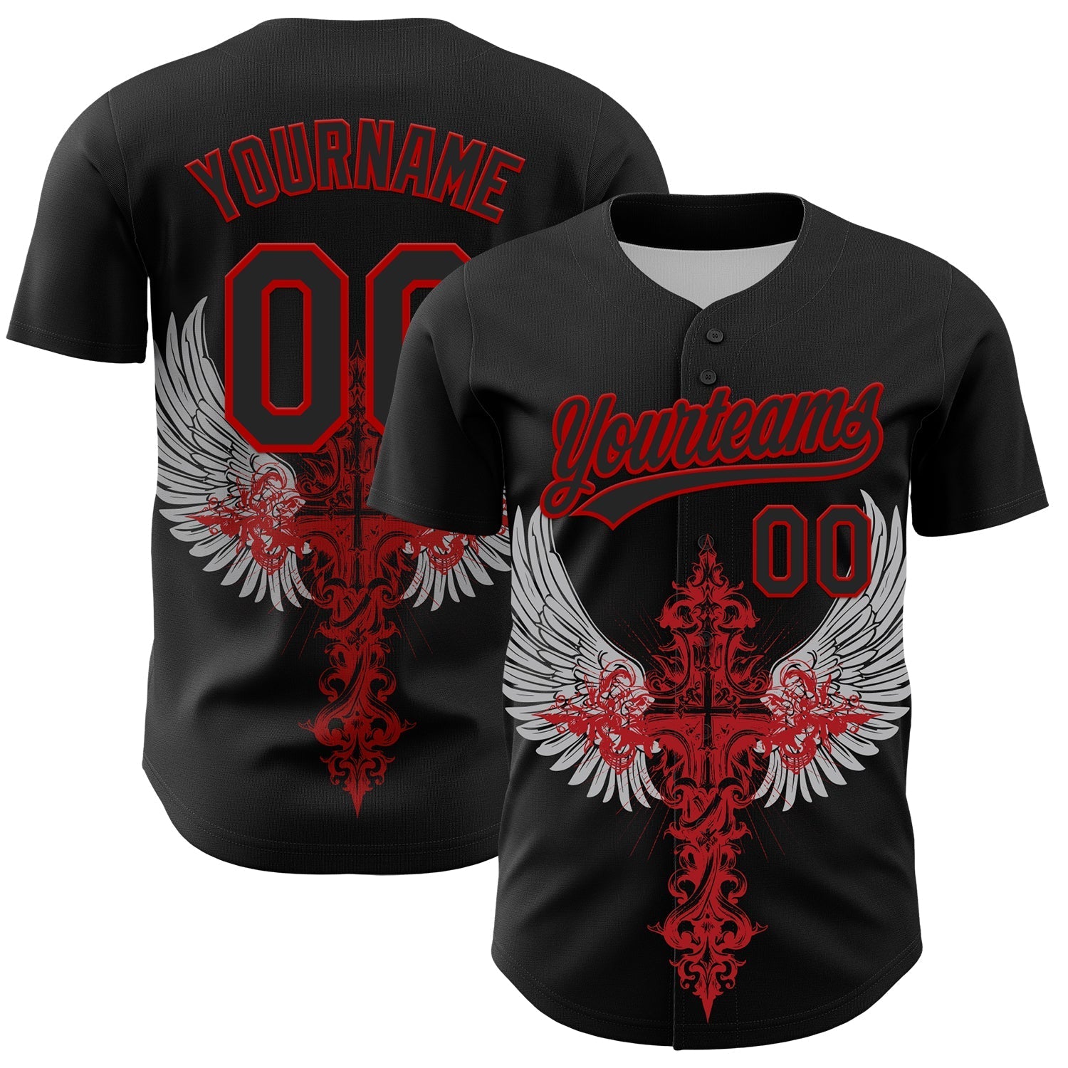 Custom Black Red 3D Pattern Design Gothic Style Cross With Wings Authentic Baseball Jersey baseball jersey product view 1
