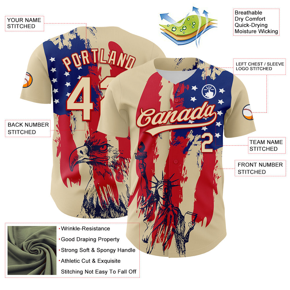 Custom Cream Red-Royal 3D Pattern Design American Spirit American Eagle And Stars Authentic Baseball Jersey baseball jersey product view 3