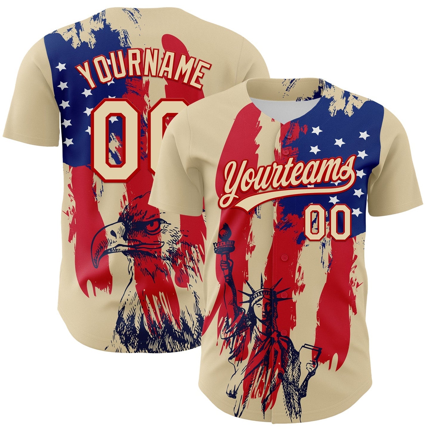 Custom Cream Red-Royal 3D Pattern Design American Spirit American Eagle And Stars Authentic Baseball Jersey baseball jersey product view 1