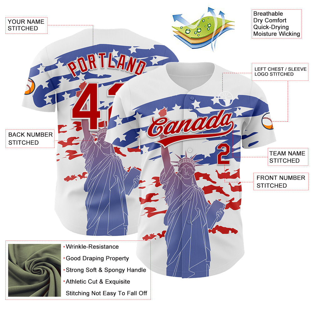 Custom White Red 3D American Flag And Statue of Liberty Authentic Baseball Jersey baseball jersey product view 3
