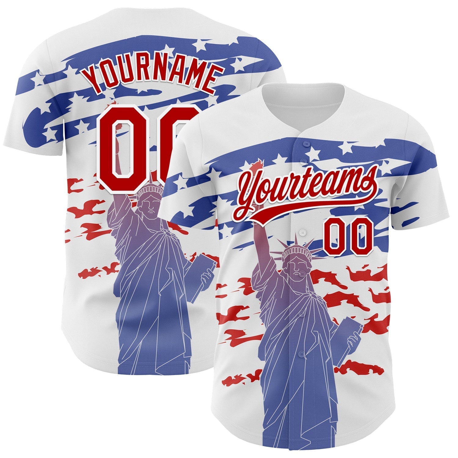 Custom White Red 3D American Flag And Statue of Liberty Authentic Baseball Jersey baseball jersey product view 1