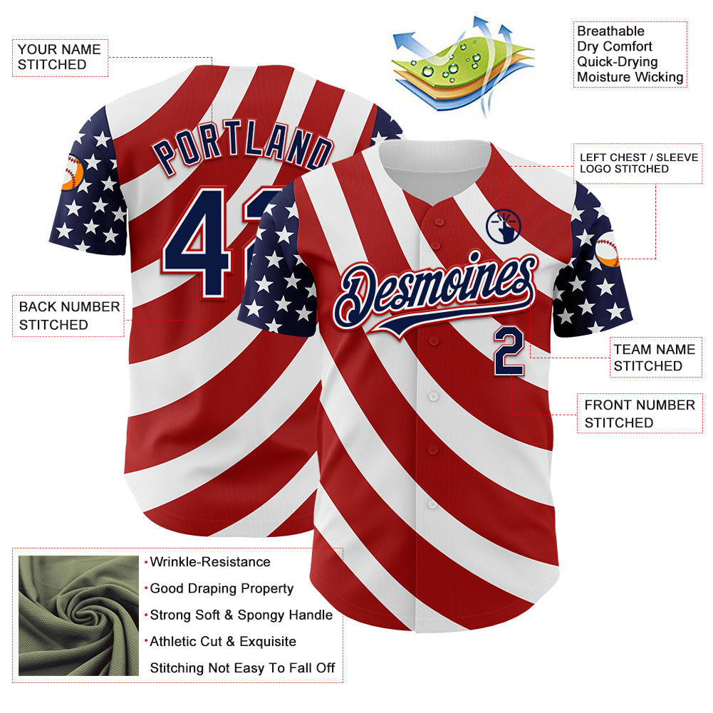 Custom White Navy-Red 3D American Flag Authentic Baseball Jersey baseball jersey product view 3