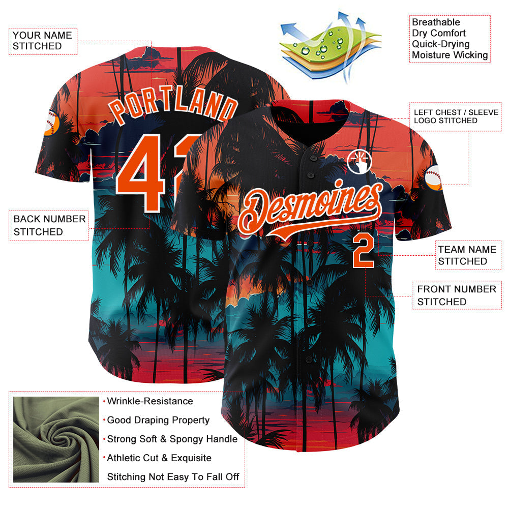 Custom Black Orange-White 3D Pattern Design Tropical Hawaii Palms Trees Authentic Baseball Jersey baseball jersey product view 3