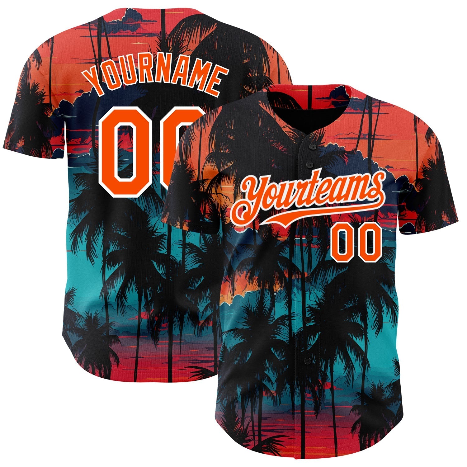 Custom Black Orange-White 3D Pattern Design Tropical Hawaii Palms Trees Authentic Baseball Jersey baseball jersey product view 1