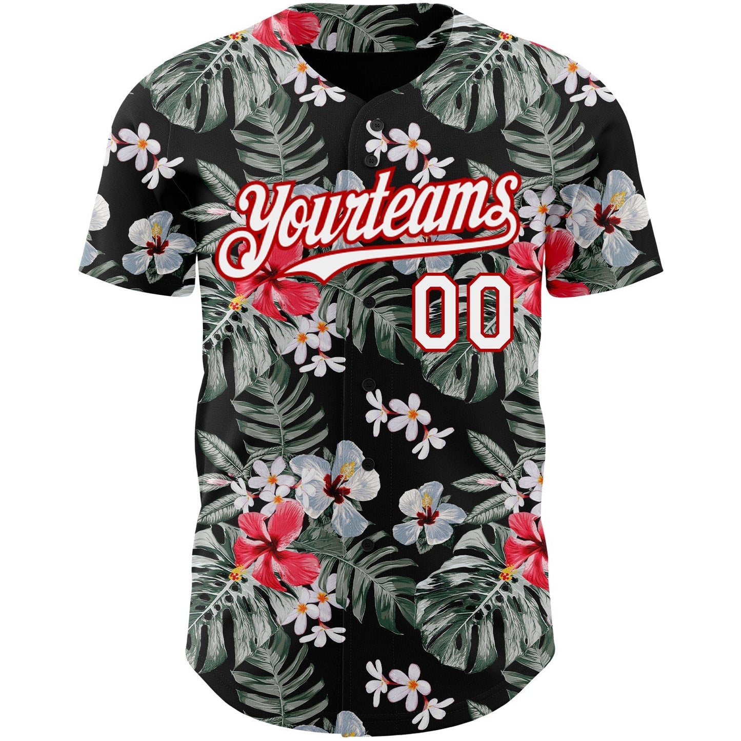 Custom Black White-Red 3D Pattern Design Tropical Hawaii Plant Authentic Baseball Jersey baseball jersey product view 2