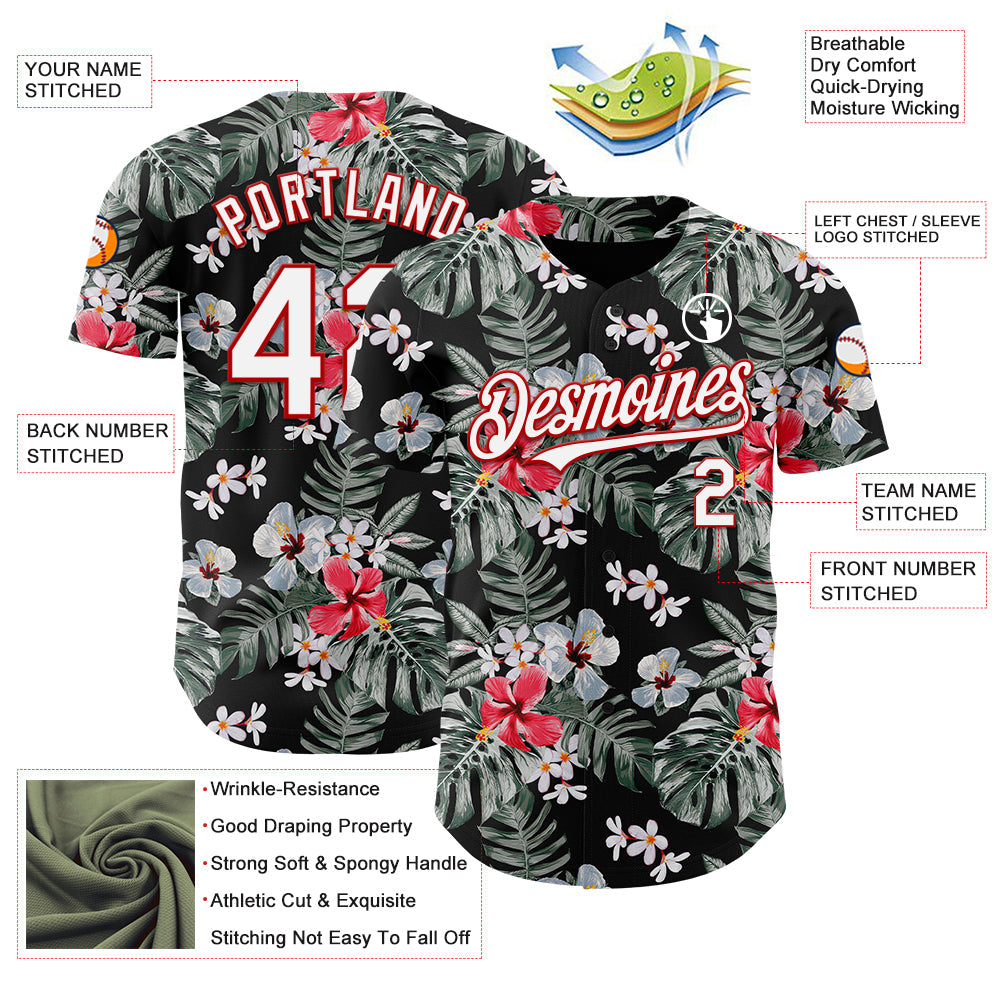 Custom Black White-Red 3D Pattern Design Tropical Hawaii Plant Authentic Baseball Jersey baseball jersey product view 3