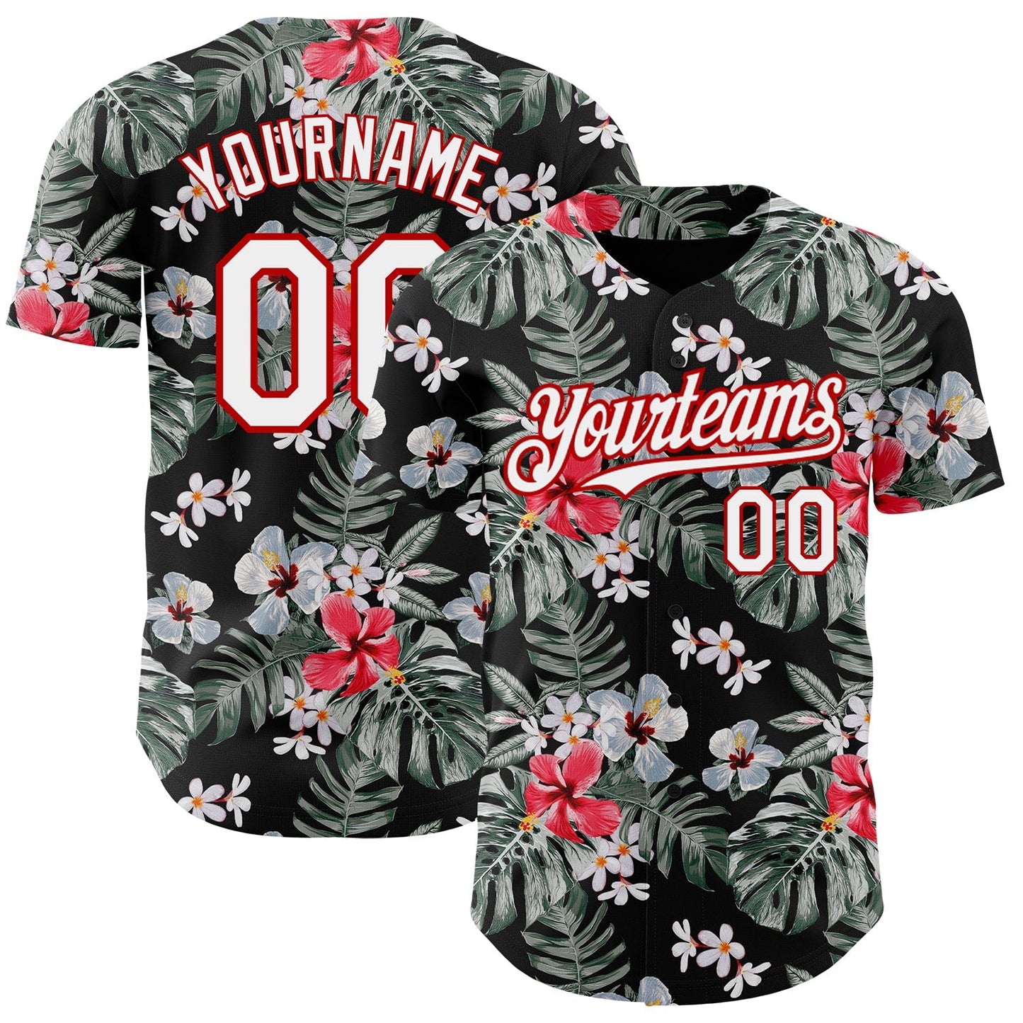 Custom Black White-Red 3D Pattern Design Tropical Hawaii Plant Authentic Baseball Jersey baseball jersey product view 1