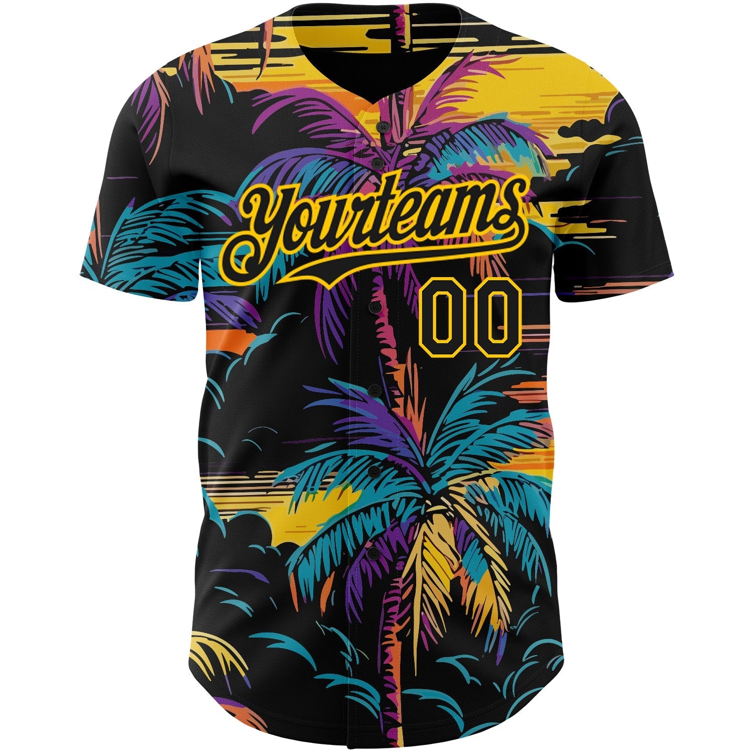 Custom Black Yellow 3D Pattern Design Tropical Hawaii Palms Trees Authentic Baseball Jersey baseball jersey product view 2
