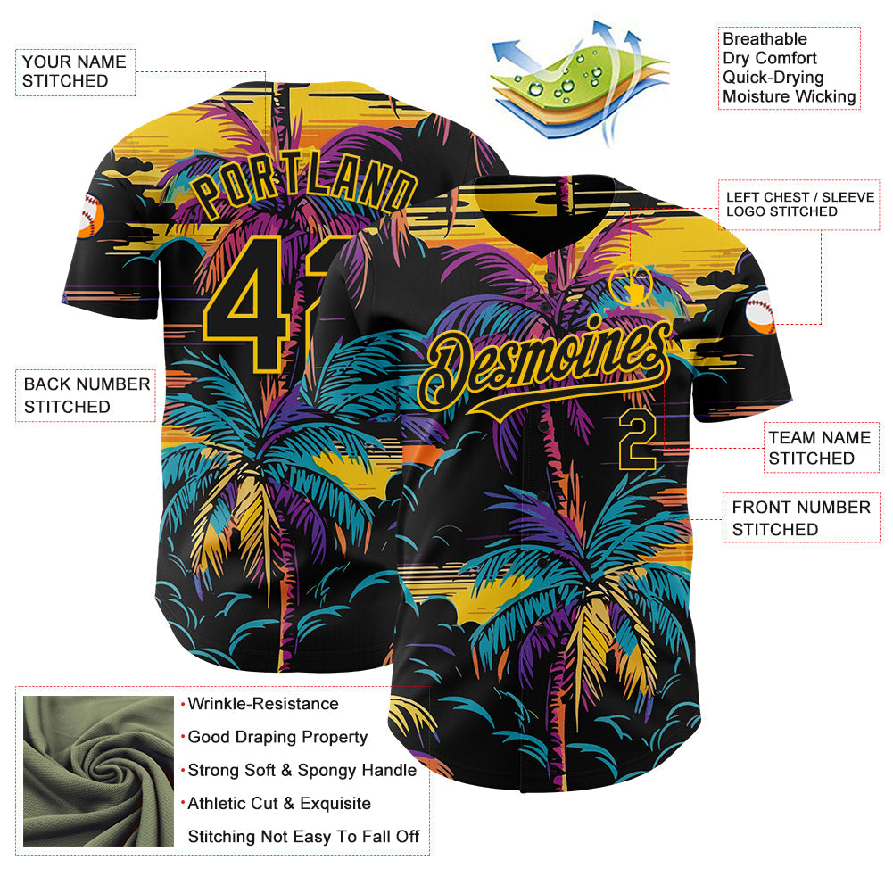 Custom Black Yellow 3D Pattern Design Tropical Hawaii Palms Trees Authentic Baseball Jersey baseball jersey product view 3