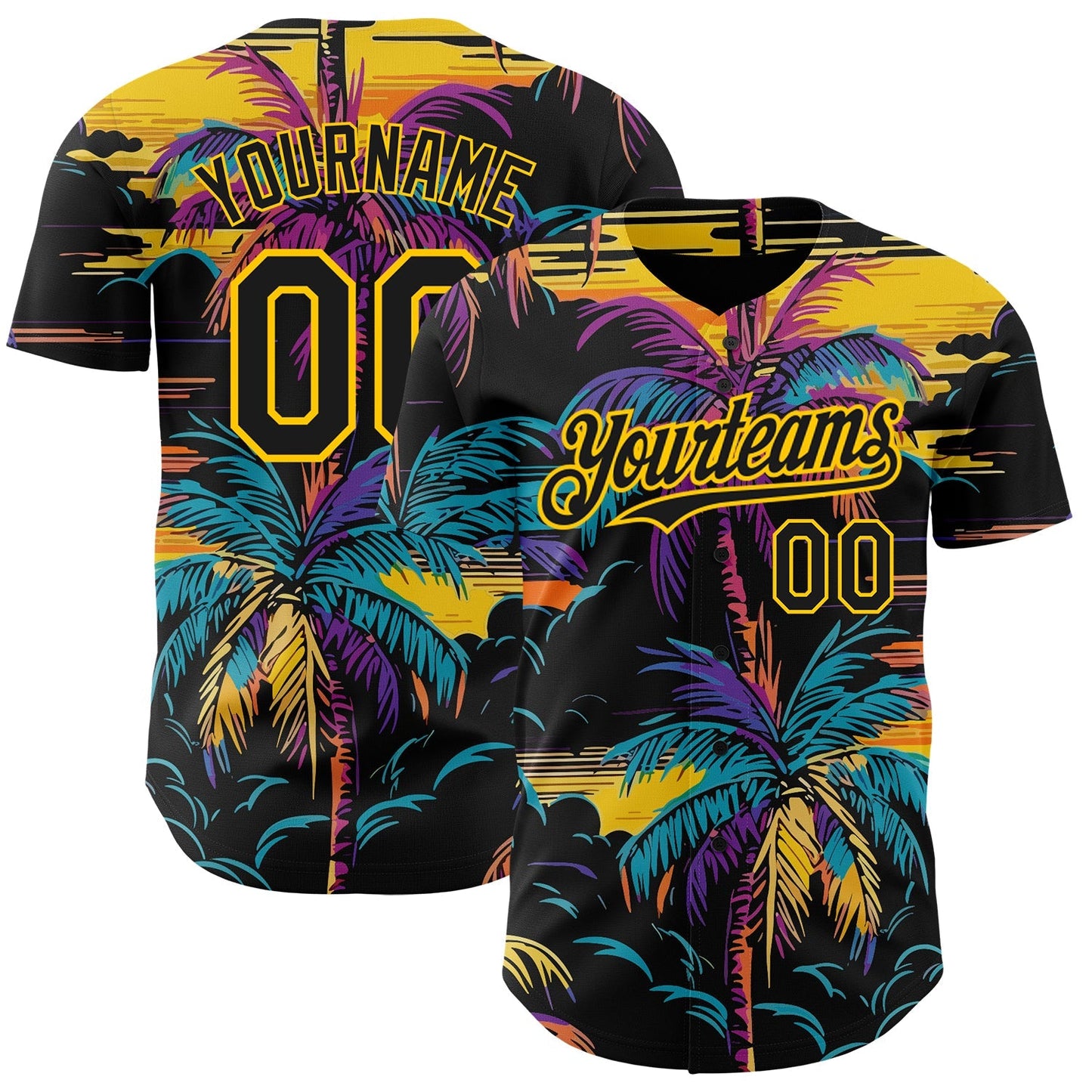 Custom Black Yellow 3D Pattern Design Tropical Hawaii Palms Trees Authentic Baseball Jersey baseball jersey product view 1