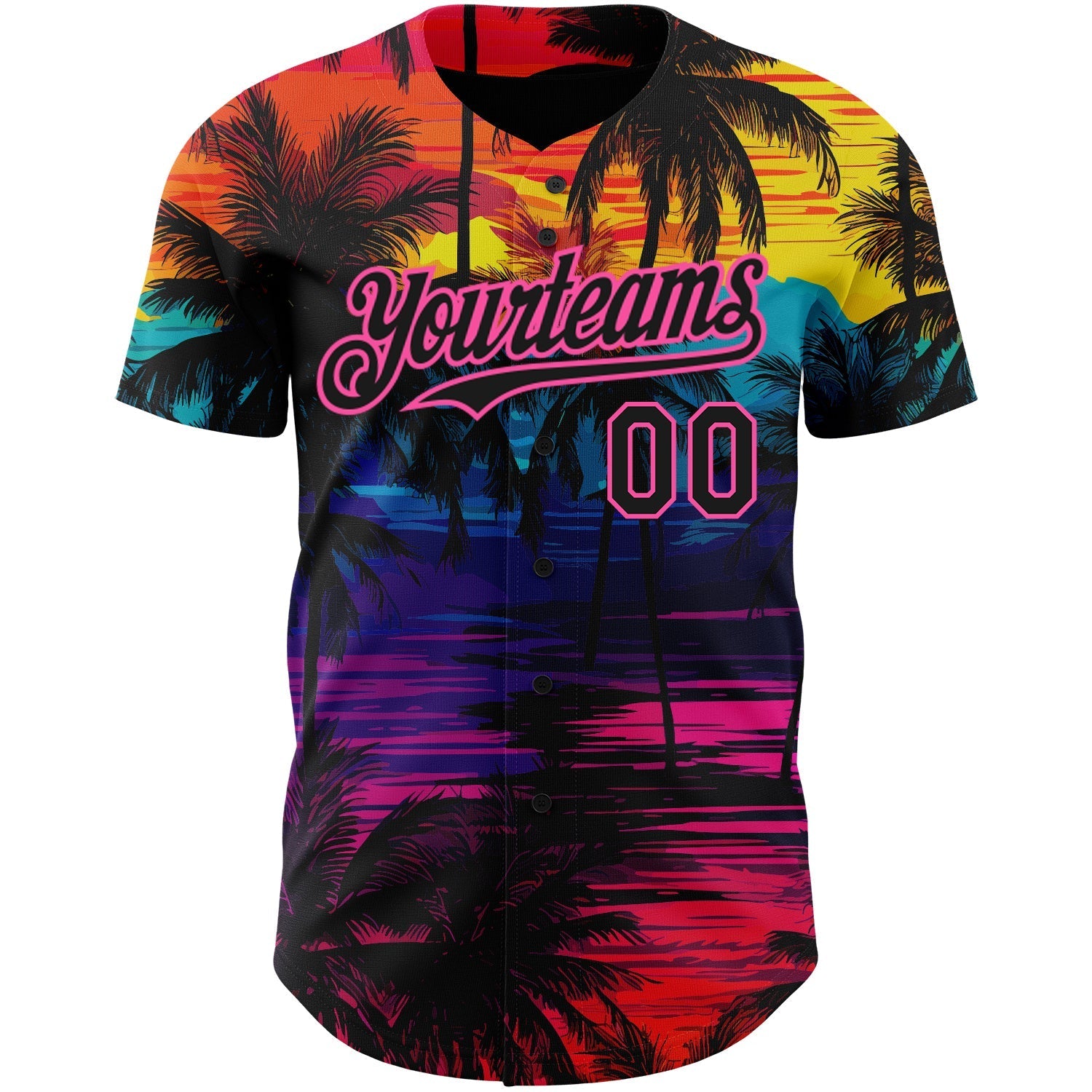 Custom Black Pink 3D Pattern Design Tropical Hawaii Palms Trees Authentic Baseball Jersey baseball jersey product view 2
