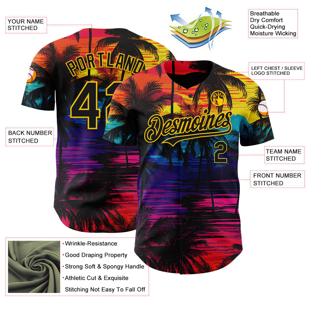 Custom Black Pink 3D Pattern Design Tropical Hawaii Palms Trees Authentic Baseball Jersey baseball jersey product view 3