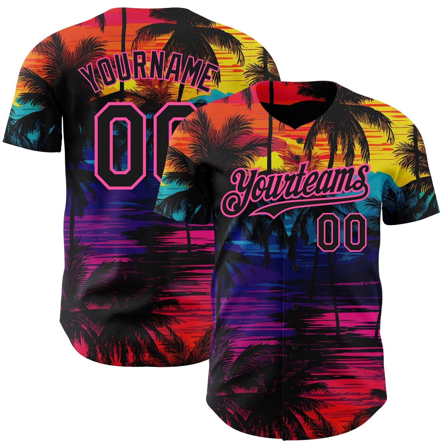Custom Black Pink 3D Pattern Design Tropical Hawaii Palms Trees Authentic Baseball Jersey baseball jersey product view 1