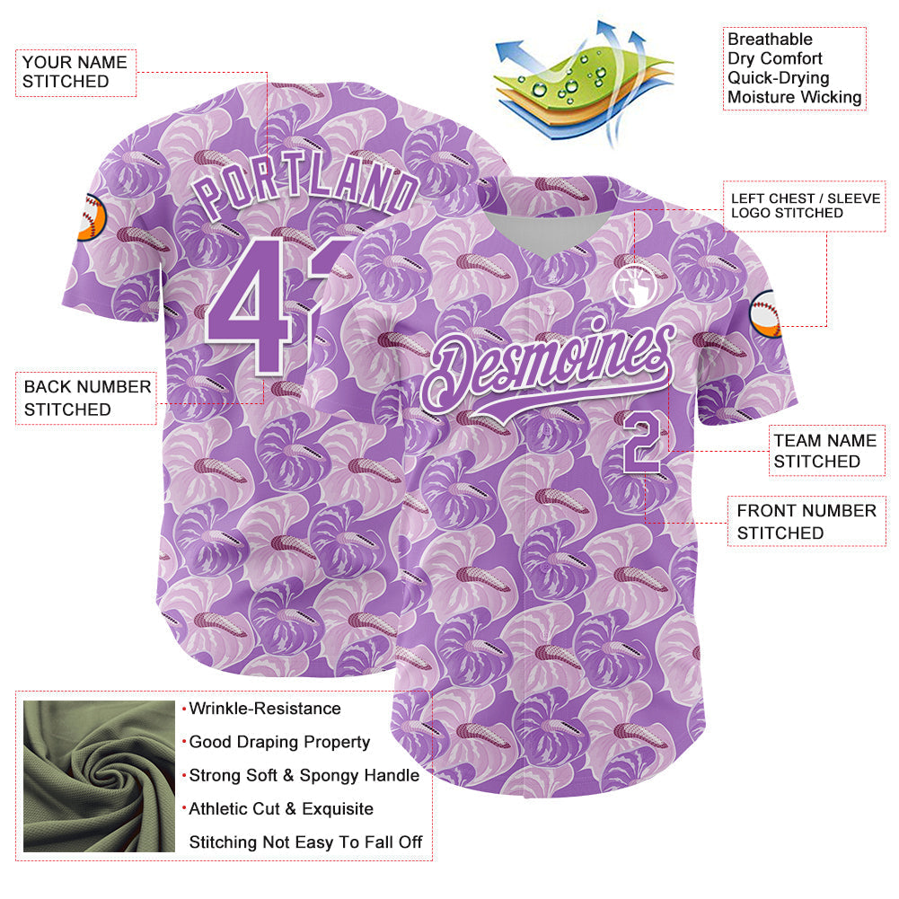 Custom Light Purple White 3D Pattern Design Tropical Anthurium Flower Authentic Baseball Jersey baseball jersey product view 3