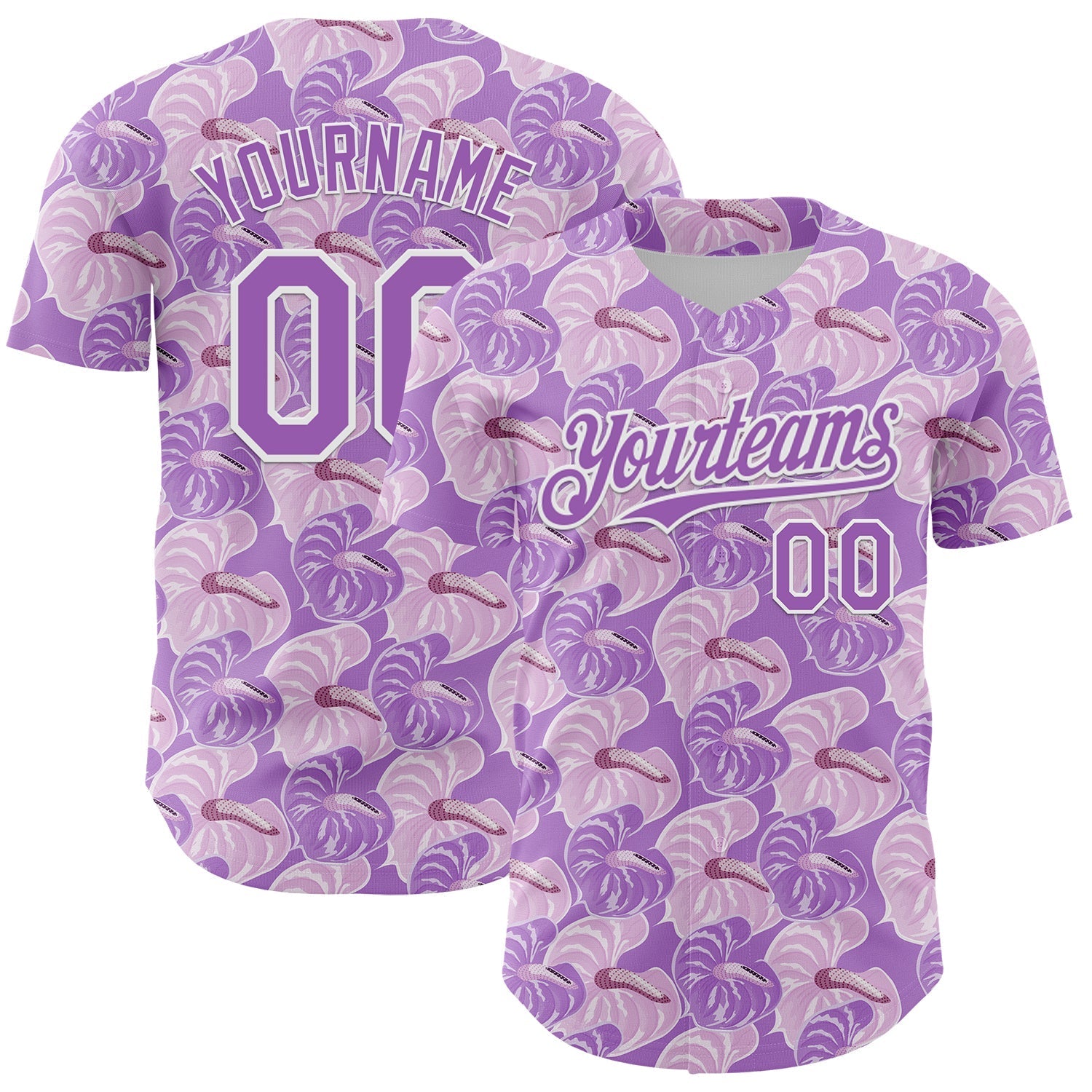 Custom Light Purple White 3D Pattern Design Tropical Anthurium Flower Authentic Baseball Jersey baseball jersey product view 1
