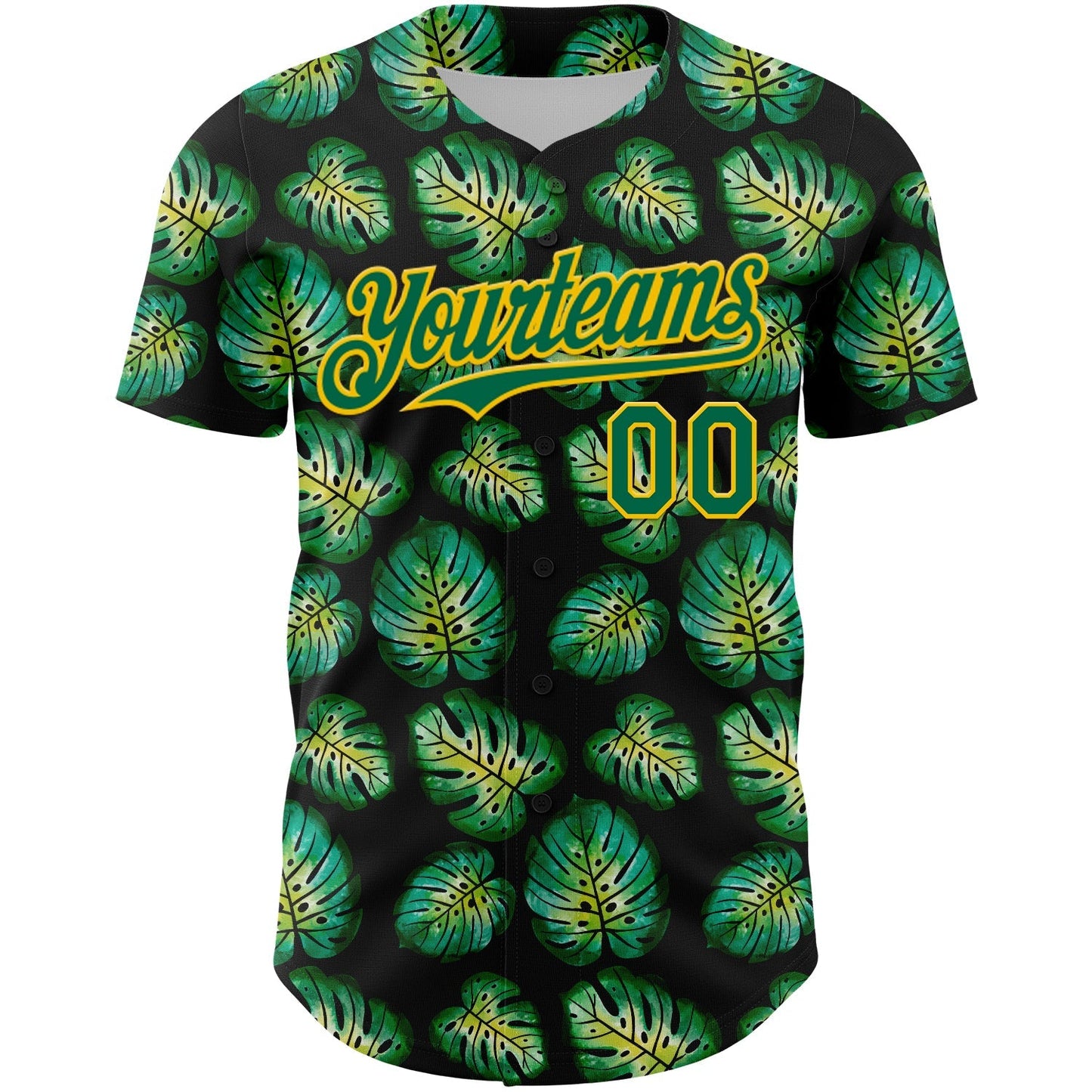 Custom Black Kelly Green-Gold 3D Pattern Design Tropical Monstera Authentic Baseball Jersey baseball jersey product view 2