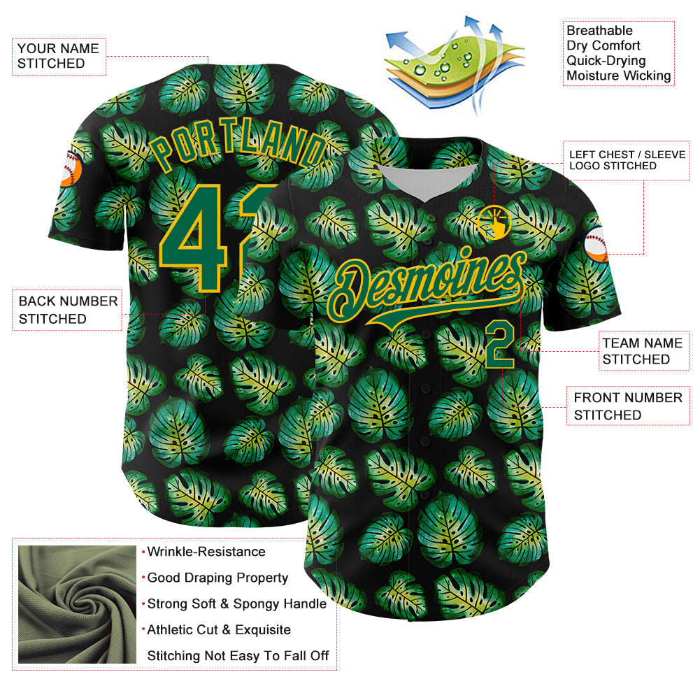 Custom Black Kelly Green-Gold 3D Pattern Design Tropical Monstera Authentic Baseball Jersey baseball jersey product view 3