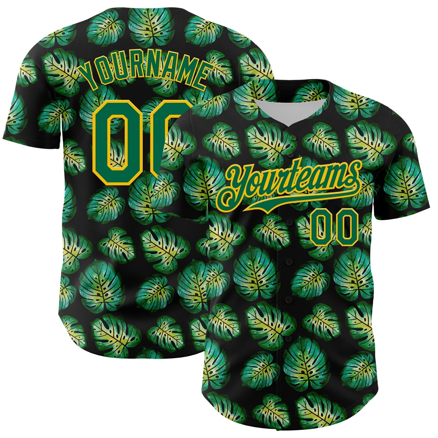 Custom Black Kelly Green-Gold 3D Pattern Design Tropical Monstera Authentic Baseball Jersey baseball jersey product view 1